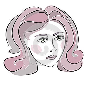 Beautiful woman's face with open eyes and curly hair. Line art multicilor fashion illustration on white background. Pink
