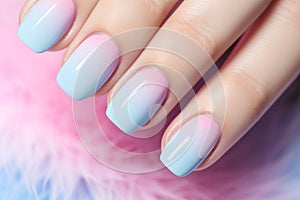 Beautiful woman\'s fingernails with pastel blue and pink ombre colored nail color design