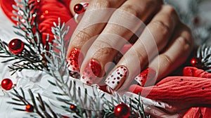 beautiful woman& x27;s hand with festive christmas nail art on nails, advertisement for nail art salon, beauty, banner