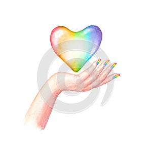 Beautiful woman`s hand with LGBT flag colors manicure nails and rainbow heart isolated on white background