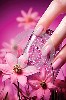 Beautiful woman's hand with pink manicure and pink flowers, AI