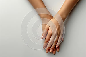 Beautiful woman& x27;s hands with perfect manicure on white background, close up view, isolated, copy space for text