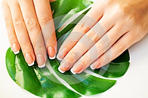 Beautiful woman`s nails with french manicure, in beauty studio