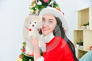 Beautiful woman in santa claus dress holding her puppy dog and smiles in front of christmas tree in living room