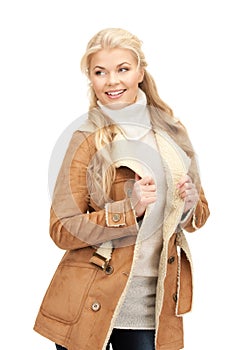 Beautiful woman in sheepskin jacket