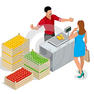 Beautiful woman shopping fresh fruits. fruit seller in a farmer market. Stand for selling fruit. Crate of apples, pears