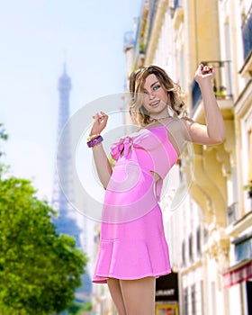 Beautiful woman in short summer dress Eiffel Tower in Paris