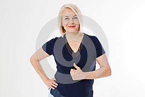 Beautiful woman show like gesture, middle age blond female show like sign isolated on white background copy space