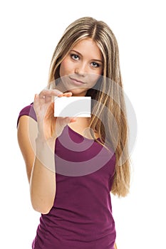Beautiful woman showing blank visit card