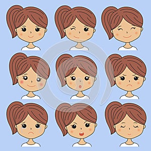 Beautiful woman showing various facial expressions. Happy, sad, angry, cry, smile. Cartoon girl icons set on