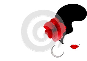 Beautiful woman silhouette whit red Hibiscus flowers and red lips. Beauty Logo Template. Vector Company Name, isolated