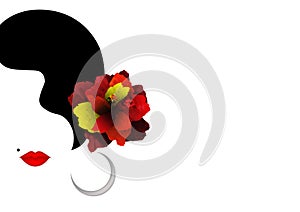 Beautiful woman silhouette whit red Hibiscus flowers and red lips. Beauty Logo Template. Vector Company Name, isolated