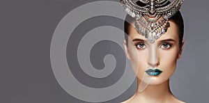 Beautiful Woman with Silver Diadem. Modern Indian Fashion Style. Jewelry Luxury Accessories. Bright Make-up, Sexy Lips