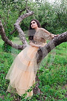 Beautiful woman is sitting on a branch green tree