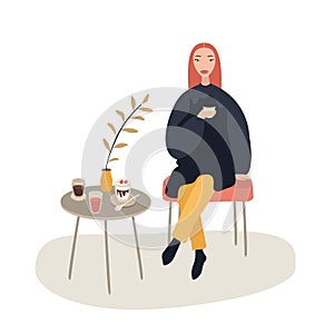 Beautiful woman sitting on the chair at coffee shop while drinking , vector illustration on white background
