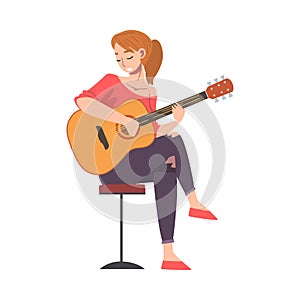 Beautiful Woman Sitting on High Chair Playing Acoustic Guitar, Girl Musician Playing Strings at Musical Performance