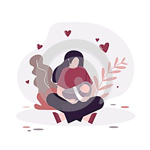 Beautiful woman sitting with newborn baby. Happy childbirth and motherhood. Cartoon lady sit in flowers. Cute girl with