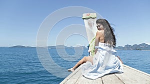 Beautiful Woman Sitting On Thailand Boat Nose Happy Smiling, Young Girl Laughing