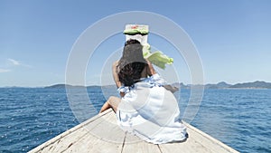 Beautiful Woman Sitting On Thailand Boat Nose Happy Smiling, Young Girl Laughing