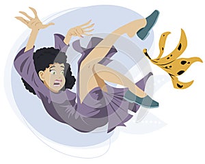 Beautiful woman slipping on banana peel. Illustration for internet and mobile website