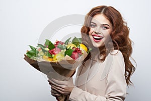 beautiful woman smile posing fresh fruits bouquet emotions Studio Model