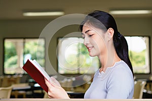 Beautiful woman smiles and reads a book by the window in the classroom.