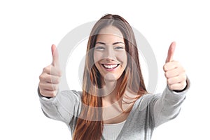 Beautiful woman smiling with both thumbs up