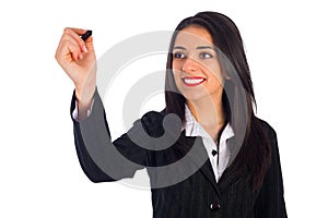 Beautiful Woman Smiling and Writing on Blank Board