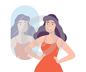 Beautiful Woman Standing in Front of Mirror Looking at her Reflection Cartoon Style Vector Illustration