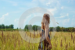 Beautiful woman standing in sunny cornfield