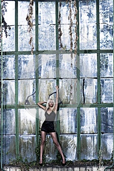 Beautiful woman stands near glass wall photo