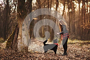 Beautiful woman stroking her dog outdoors. Pretty girl playing and having fun with her pet by name Brovko Vivchar