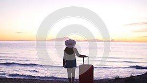 Beautiful woman with a suitcase on the sunny beach