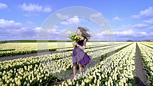 Beautiful Woman in summer dress standing in colorful tulip flower fields in Amsterdam region, Holland, Netherlands