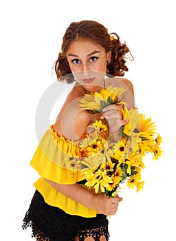 Beautiful woman with sunflowers.