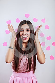Beautiful woman surprise s . Expressive facial expressions. Valentines day love concept