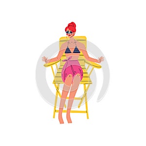 Beautiful Woman in Swimwear and Sunglasses Sitting in Chaise Lounge Under Sunshade Parasol, Girl Relaxing at Beach on