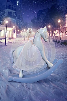 Beautiful woman on a swing horse on the Christmas street