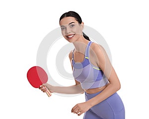 Beautiful woman with table tennis racket on white background. Ping pong player