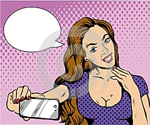 Beautiful woman taking selfie with her smartphone. Vector illustration in retro comic pop art style.