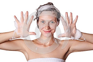 Beautiful woman taking a shower and shampooing her hair. washing hair with Shampoo.