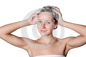 Beautiful woman taking a shower and shampooing her hair. washing hair with Shampoo.