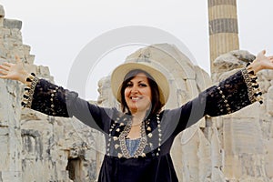 Beautiful woman in temple of apollon, Turkey