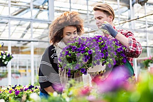 Beautiful woman thinking of buying a fragrant potted purple petunias