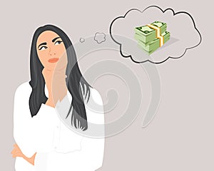 beautiful woman thinking about money about her income financial planning Solve financial problems