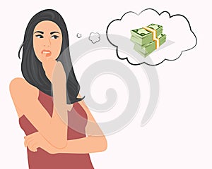 beautiful woman thinking about money about her income financial planning Solve financial problems