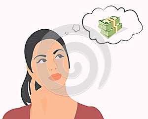 beautiful woman thinking about money about her income financial planning Solve financial problems