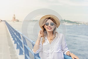 Beautiful woman traveler is in front of Maiden Tower,