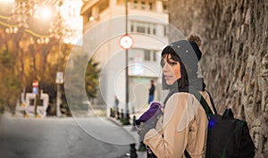 Beautiful woman traveler tourist with backpack