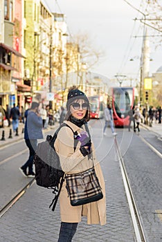 Beautiful woman traveler tourist with backpack